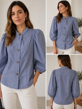Britt Sisseck NWT Blue Stripe Puff Sleeve Cotton Lyocell Blouse XS